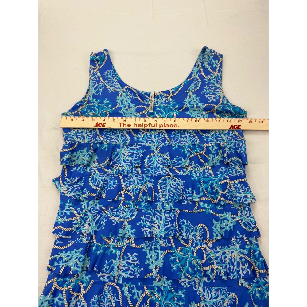 Lulu-B Tiered Ruffle Dress Women Large Blue Coral Rope Print Sleeveless Coastal - Picture 3 of 11